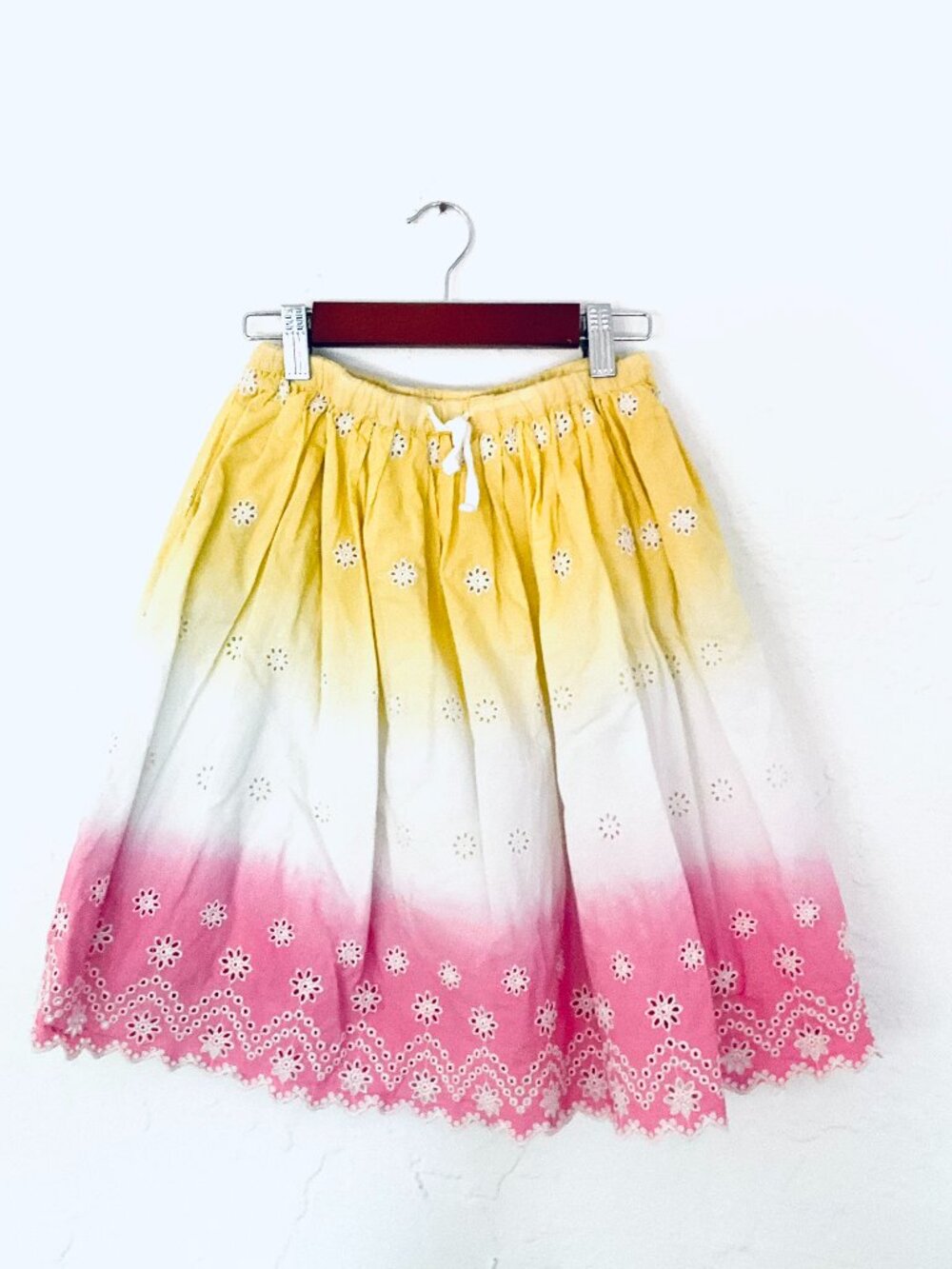 BODEN  💯 Cotton Daffodil/Pink Ombre Midi Twirl Eyelet Skirt Sz 9-10Y